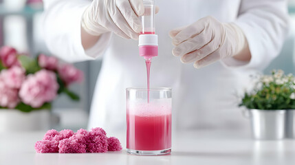 Scientist mixing pink floral cosmetic, lab background
