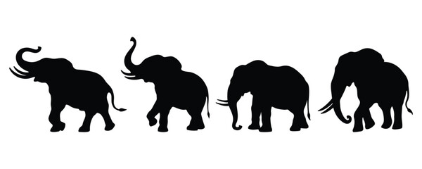 Elephant on white background. Collection of elephant silhouettes in various forms. Side view and full body of elephant for design. Vector illustration.