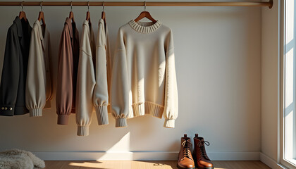 The sweaters are hanging on the rack in the closet.