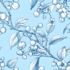 delicate cherry blossom branches with white flowers against a soft blue sky background, Toile De Jouy wallpaper