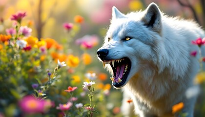 Obraz premium White wolf growling fiercely amidst vibrant wildflowers in springtime