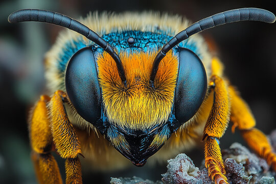 Detailed portrait of a vibrant blue and gold bee with prominent eyes