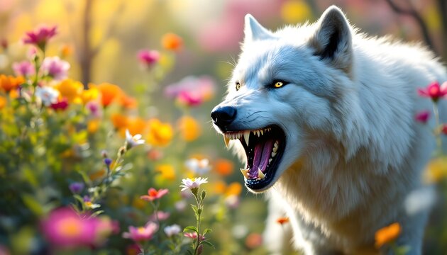 White wolf growling fiercely amidst vibrant wildflowers in springtime - Powered by Adobe