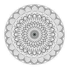 Abstract spiral minimalist mandala design in black and white background.