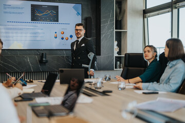 Diverse business team engaged in a meeting, analyzing performance growth metrics on a screen. Colleagues attentively listening to the presenter, fostering collaboration and strategic planning in a
