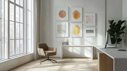 Modern home office, sunlight, minimalist decor, artwork, peaceful workspace