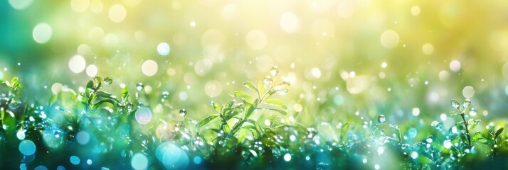 Fototapeta premium Fresh greenery glistens under soft sunlight with dew drops highlighting vibrant leaves in a serene outdoor setting. Generative AI