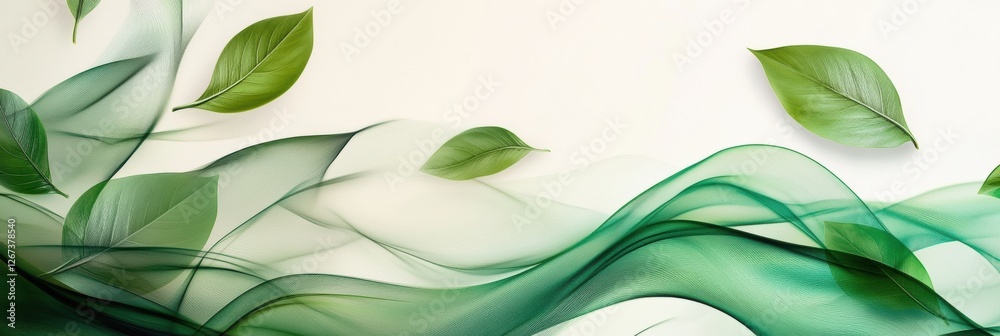 Aufkleber Leaves and green fabric flow harmoniously creating a fresh and natural atmosphere in a minimalist design setting. Generative AI