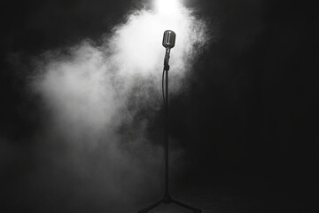 Stage Microphone Awaits Performer in Smoky Room, Ready for a Show, Captivating Atmosphere, Dramatic Lighting, Music Show