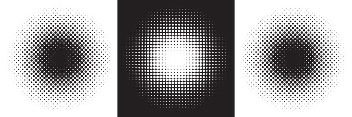 Set of halftone dots gradient pattern texture isolated on white background. Straight dotted spots using halftone circle dot raster texture. Vector blot half tone collection.