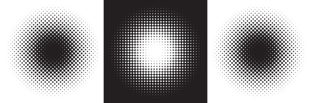Set of halftone dots gradient pattern texture isolated on white background. Straight dotted spots using halftone circle dot raster texture. Vector blot half tone collection.
