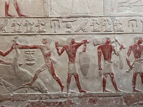 Reliefs in the tombs of inefert, unas Ankh and princess Idut showing daily life rituals in Saqqarah in Egypt