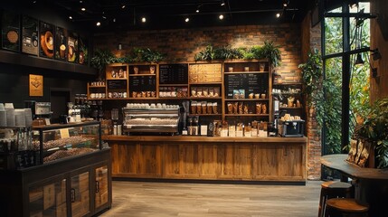 Obraz premium Modern Upscale Coffee Shop Interior with Cozy Ambiance and Rich Natural Lighting
