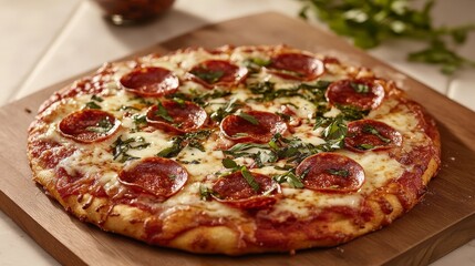 Freshly Baked Pepperoni Pizza with Basil on Wooden Cutting Board
