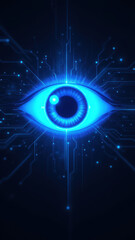 A digital eye with a cybernetic interface, symbolizing internet security.