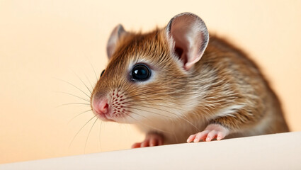 Curious Young Brown Rat Looking Sideways on Beige Background
