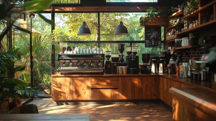 Naklejka premium Tranquil Coffee Shop Interior with Rich Wood Accents and Lush Greenery in Natural Light