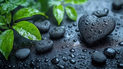 Wet Black Heart Shaped Stone With Green Leaves