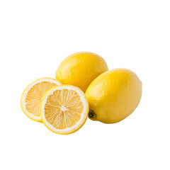 Juicy Lemons: Two whole lemons and two lemon slices, showcasing their vibrant yellow color and juicy texture.  A refreshing image perfect for recipes, health blogs, and advertisements.