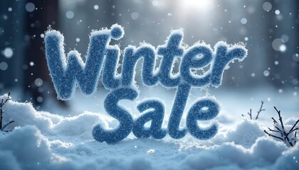 Winter sale promotion in a snowy forest setting, with soft snowfall and sunlight filtering through trees