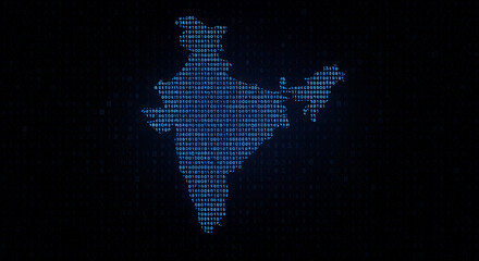 India Digital Map: Binary Code Tech, Data Science & Cyber Security Concept. Global Network Connection of Indian Technology Landscape.
