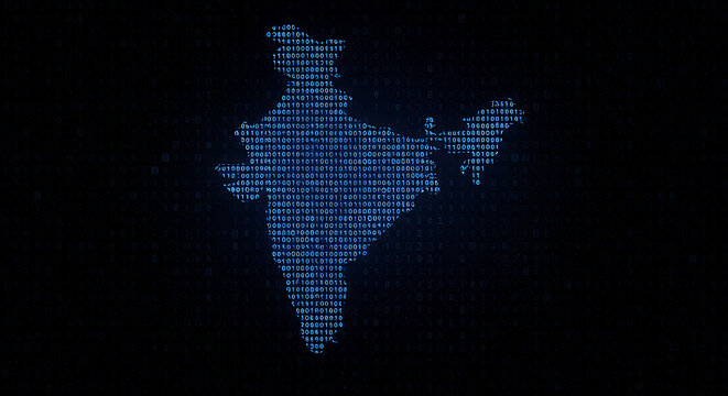 India Digital Map: Binary Code Tech, Data Science & Cyber Security Concept. Global Network Connection of Indian Technology Landscape.