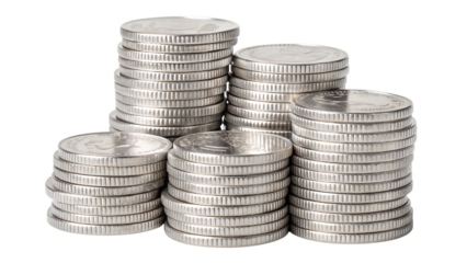 A sliver stack of coins represents wealth and financial success