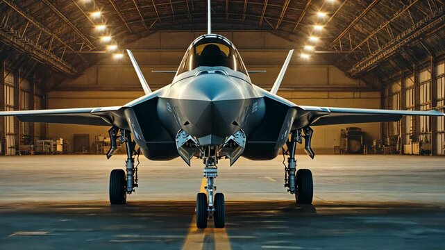 Advanced fighter jet on display inside a military hangar during late afternoon hours