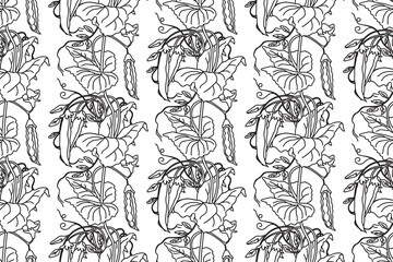 Fototapeta premium Line art seamless pattern with growing peas vector illustration. Hand drawn outline repeating vegetables pattern background. Graphic design for Wallpaper Coloring Book Textile Cover Fashion Print Card