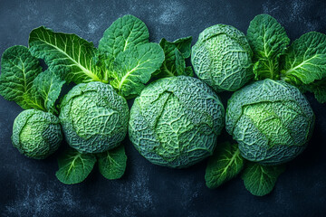 Fototapeta premium Dark Table Arrangement of Vibrant Savoy Cabbages and Green Leaves