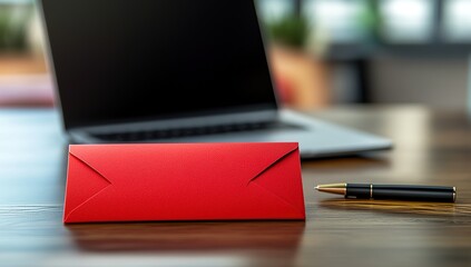 Red Envelope with a Pen on Desk near Laptop: Sending Correspondence, Note, or Message, Efficiently and Professionally.