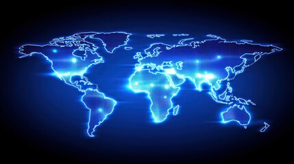Glowing world map on dark background for global business visualization
