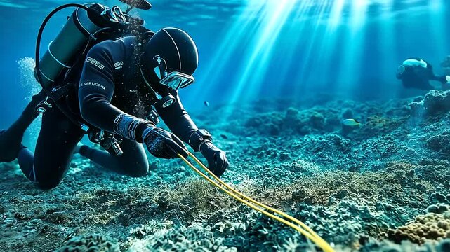 A diver in a high-tech wetsuit secures a fiber-optic cable to the ocean floor, carefully fastening it to prevent movement from strong underwater currents.