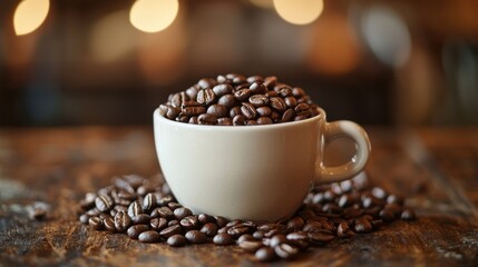 Fototapeta premium Freshly Roasted Coffee Beans Piled High in a Cozy Cup Against a Blurred Background