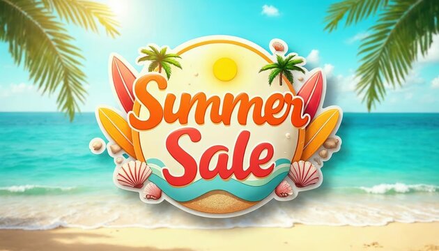 Vibrant summer beach scene featuring a colorful sale announcement with surfboards and seashells
