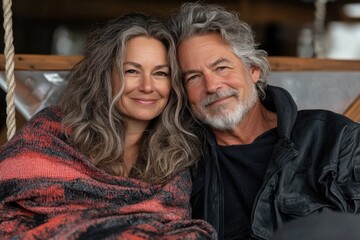 Capture the essence of enduring love with this heartwarming image of a senior couple sharing a blanket on a porch swing, finding comfort and love at home This scene embodies the beauty of aging