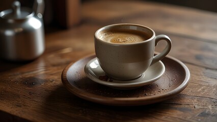 Cozy Coffee: Cup of Coffee, Kettle, Wooden Table, Warmth