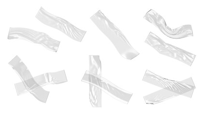 Fototapeta premium 3d set of transparent adhesive plastic tape isolated on background png render. Clear crumpled sticky strip, piece of glued scotch band, cross patch or wrinkle cellophane film mockup. 3D illustration