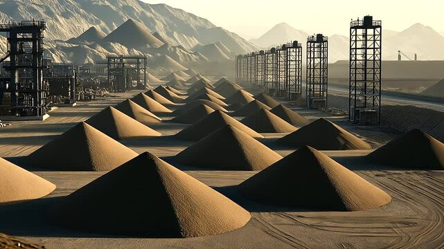 A factory-sized sand distribution center, with rows of perfectly shaped industrial sand piles, surrounded by loading stations and control towers.