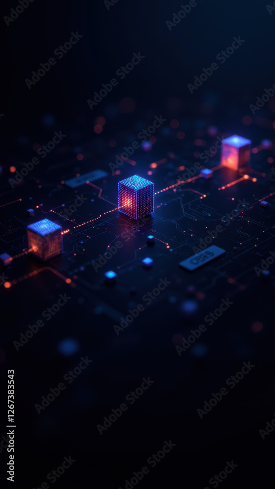 Wall mural high-tech cybersecurity concept with a neural network background and glowing cubes on a circuit boar