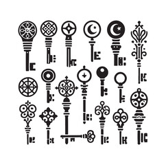 Antique key silhouettes Medieval and modern keys 