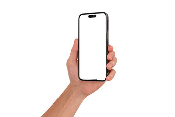 Beautiful hand holding smartphone with blank screen. Advertising, business, finance and technology concept.