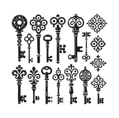 Antique key silhouettes Medieval and modern keys 
