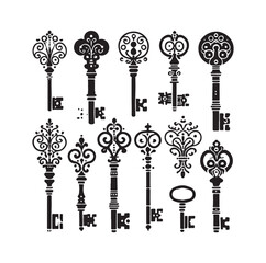 Antique key silhouettes Medieval and modern keys 