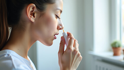 Naklejka premium Woman using allergy medication or nasal spray, focus on health and relief