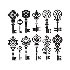 Antique key silhouettes Medieval and modern keys 