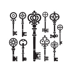 Antique key silhouettes Medieval and modern keys 