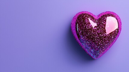 Fototapeta premium Sparkling purple glitter heart with a glossy resin finish on a solid violet background with copy space.