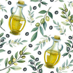 Seamless pattern with olive oil, olives and leaves.olive branches, leaves and fruits. Watercolor seamless pattern. For fabric, packaging paper, scrapbooking, print, design, textile and background