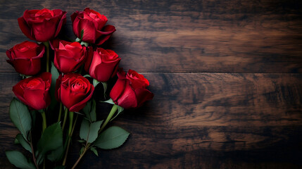 red tulips on wooden background, background with copy space